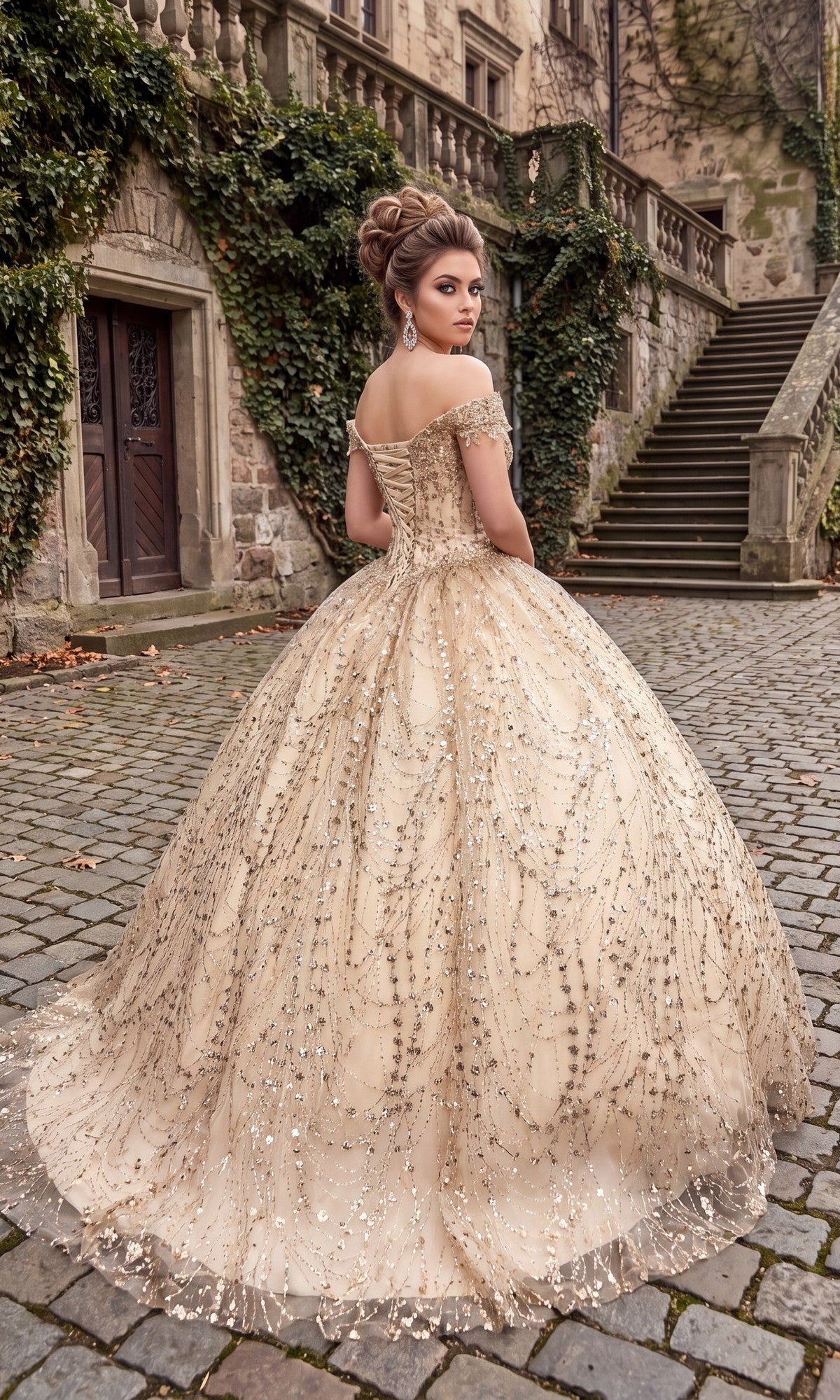 A woman in the Quinceanera Dress CHF3011 By Chicas, featuring a gold off-the-shoulder design and corset back, stands on a cobblestone path in front of a stone building with stairs and ivy-covered walls, looking over her shoulder.